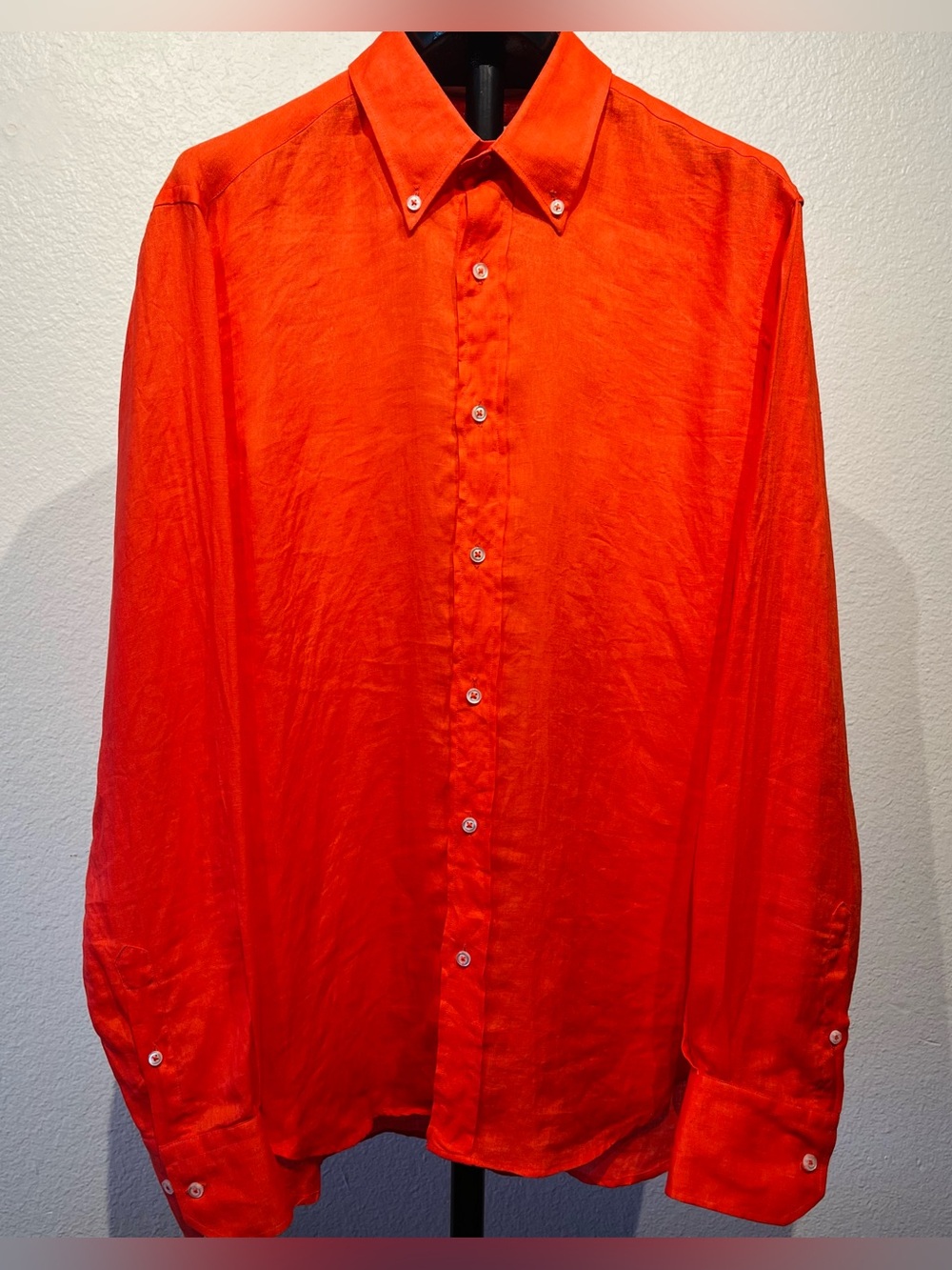 Eddicott Pure Linen Button-Down Shirt in Coral Orange - Size L (Women’s)